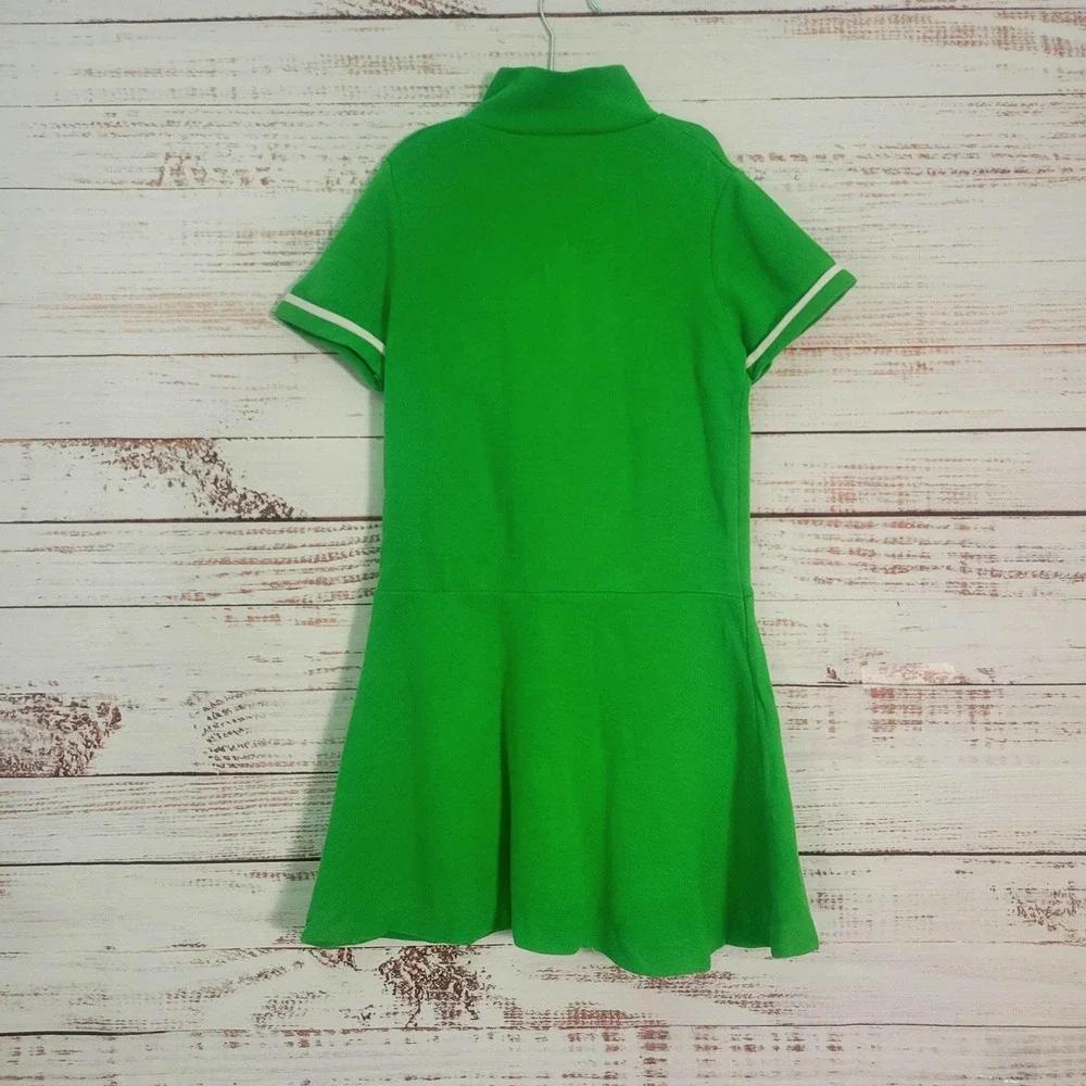 Vintage Girls Large Green Mod Knit Zip Front Drop Waist Dress 1960s Play Dress